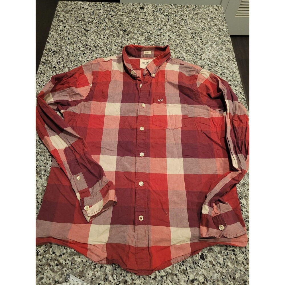 Hollister Shirt Mens XL Red Plaid Long‎ Sleeve Button Up Stretch Casual Collared